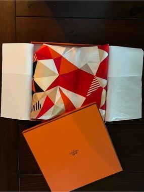 Hermes Geometric Red Orange Cream Silk Scarf. Timeless luxury. Chic!